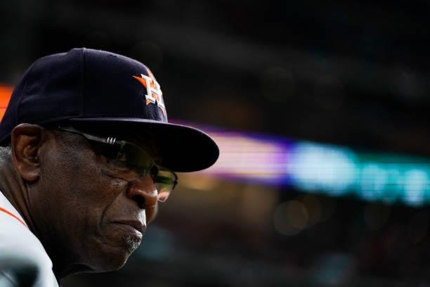Dusty Baker Jr. #12 of the Houston Astros looks on during Game 1 of the ALDS between the Chicago White Sox and the Houston Astros at Minute Maid Park...