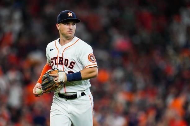 Alex Bregman of the Houston Astros looks on during Game 1 of the ALDS between the Chicago White Sox and the Houston Astros at Minute Maid Park on...