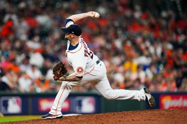 Ryan Pressly of the Houston Astros pitches during Game 1 of the ALDS between the Chicago White Sox and the Houston Astros at Minute Maid Park on...
