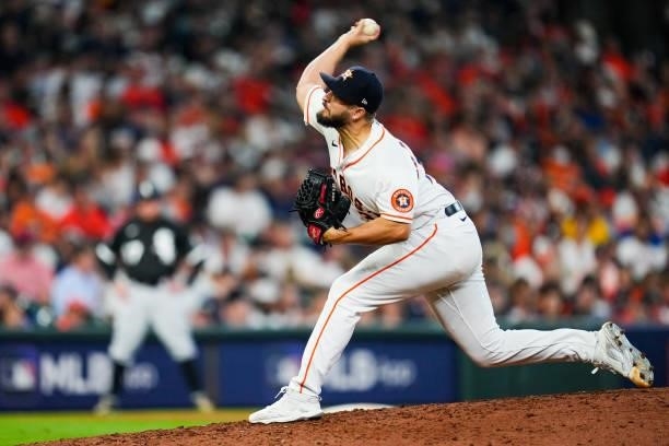 Kendall Graveman of the Houston Astros pitches during Game 1 of the ALDS between the Chicago White Sox and the Houston Astros at Minute Maid Park on...