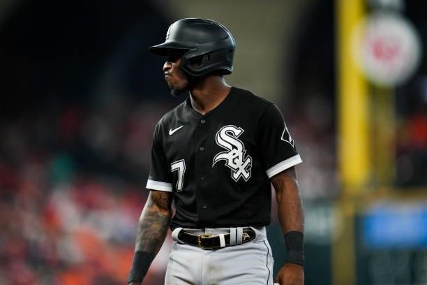 Tim Anderson of the Chicago White Sox looks on during Game 1 of the ALDS between the Chicago White Sox and the Houston Astros at Minute Maid Park on...