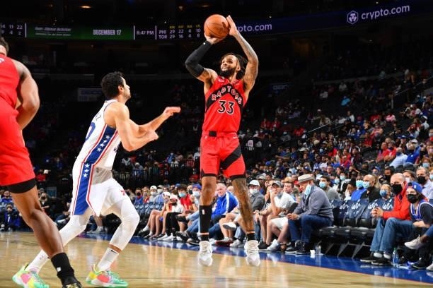 Gary Trent Jr. #33 of the Toronto Raptors shoots a three-pointer against the Philadelphia 76ers during a preseason game on October 7, 2021 at Wells...