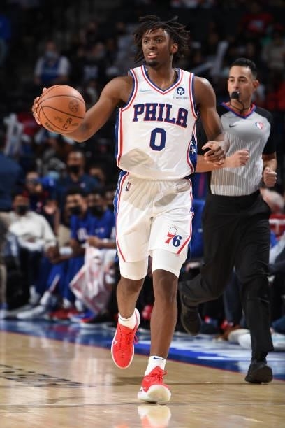 Tyrese Maxey of the Philadelphia 76ers handles the ball against the Toronto Raptors during a preseason game on October 7, 2021 at Wells Fargo Center...