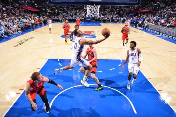 Georges Niang of the Philadelphia 76ers shoots the ball against the Toronto Raptors during a preseason game on October 7, 2021 at Wells Fargo Center...