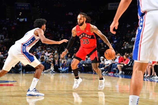 Gary Trent Jr. #33 of the Toronto Raptors handles the ball against the Philadelphia 76ers during a preseason game on October 7, 2021 at Wells Fargo...