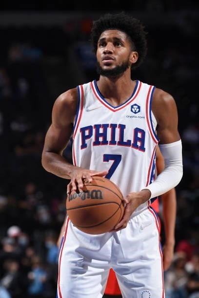 Isaiah Joe of the Philadelphia 76ers shoots a free throw during a preseason game on October 7, 2021 at Wells Fargo Center in Philadelphia,...