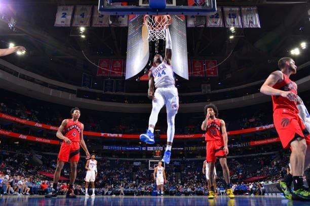 Paul Reed of the Philadelphia 76ers dunks the ball against the Toronto Raptors during a preseason game on October 7, 2021 at Wells Fargo Center in...