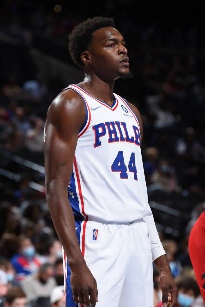 Paul Reed of the Philadelphia 76ers looks on during a preseason game on October 7, 2021 at Wells Fargo Center in Philadelphia, Pennsylvania. NOTE TO...