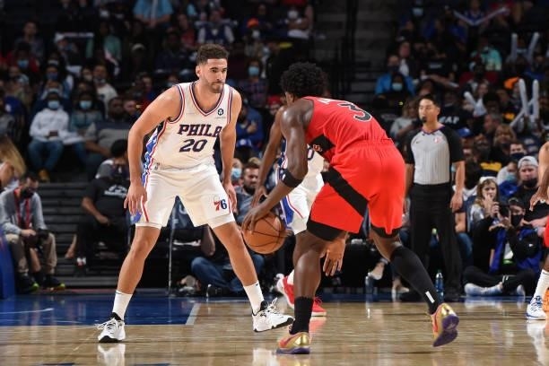 Georges Niang of the Philadelphia 76ers plays defense against the Toronto Raptors during a preseason game on October 7, 2021 at Wells Fargo Center in...