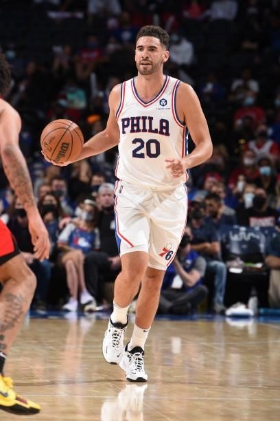 Georges Niang of the Philadelphia 76ers handles the ball against the Toronto Raptors during a preseason game on October 7, 2021 at Wells Fargo Center...