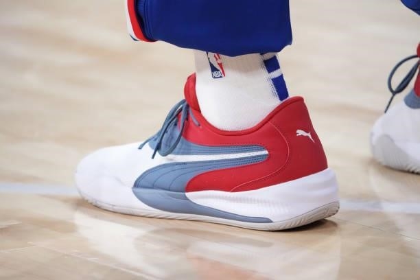 The sneakers worn by Danny Green of the Philadelphia 76ers during a preseason game on October 7, 2021 at Wells Fargo Center in Philadelphia,...