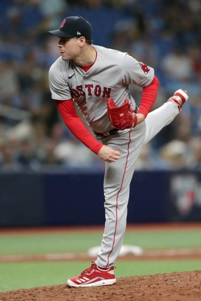 Adam Ottavino of the Boston Red Sox pitches in the bottom of the eighth inning during Game 1 of the ALDS between the Boston Red Sox and the Tampa Bay...