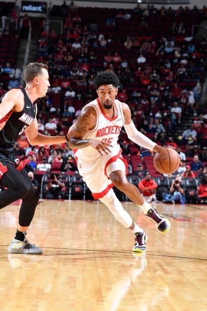 Christian Wood of the Houston Rockets drives to the basket during a preseason game against the Miami Heat on October 7, 2021 at the Toyota Center in...