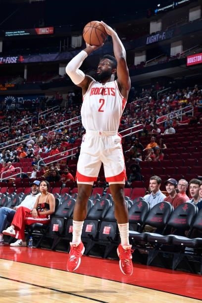 David Nwaba of the Houston Rockets shoots the ball during a preseason game against the Miami Heat on October 7, 2021 at the Toyota Center in Houston,...