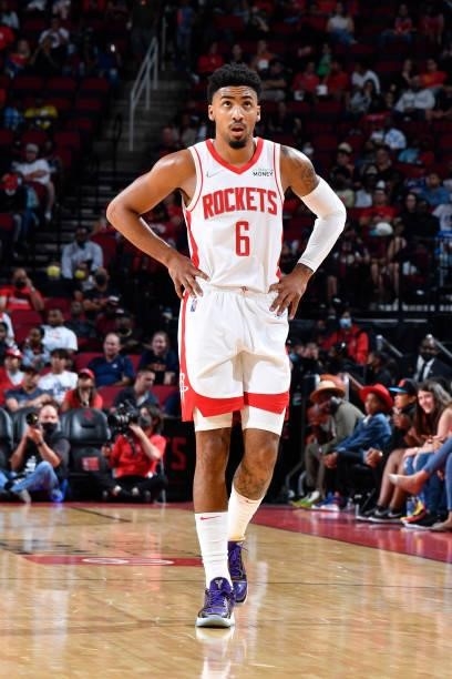 Kenyon Martin Jr. #6 of the Houston Rockets looks on during a preseason game against the Miami Heat on October 7, 2021 at the Toyota Center in...