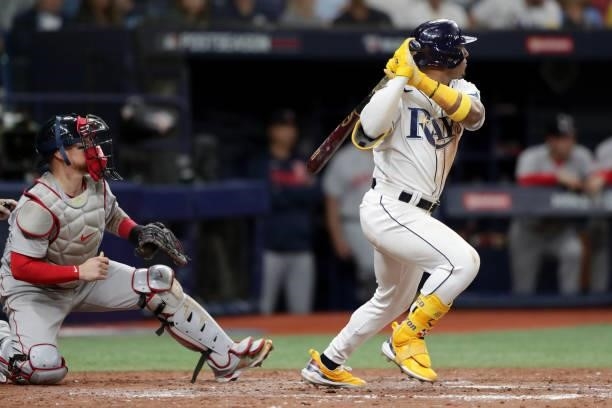 Wander Franco of the Tampa Bay Rays hits a double in the bottom of the seventh inning during Game 1 of the ALDS between the Boston Red Sox and the...