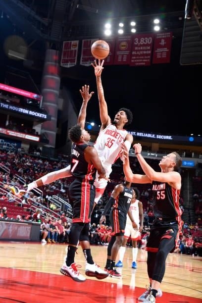 Christian Wood of the Houston Rockets shoots the ball during a preseason game against the Miami Heat on October 7, 2021 at the Toyota Center in...