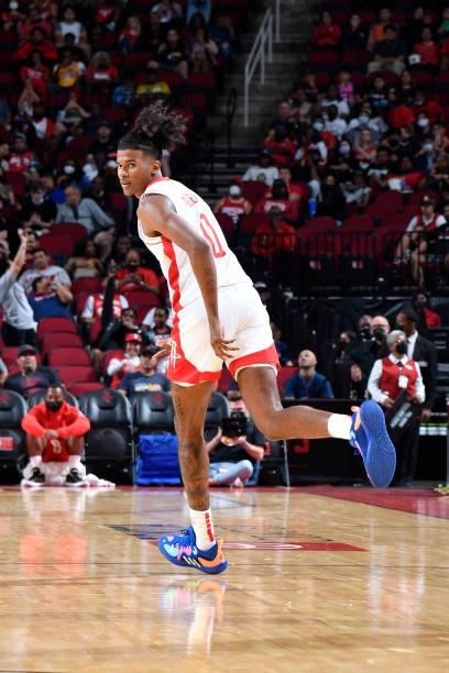 Jalen Green of the Houston Rockets looks on during a preseason game against the Miami Heat on October 7, 2021 at the Toyota Center in Houston, Texas....