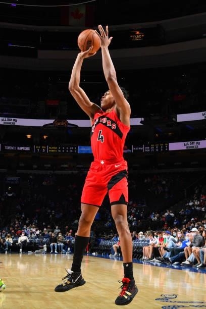 Scottie Barnes of the Toronto Raptors shoots the ball against the Philadelphia 76ers during a preseason game on October 7, 2021 at Wells Fargo Center...