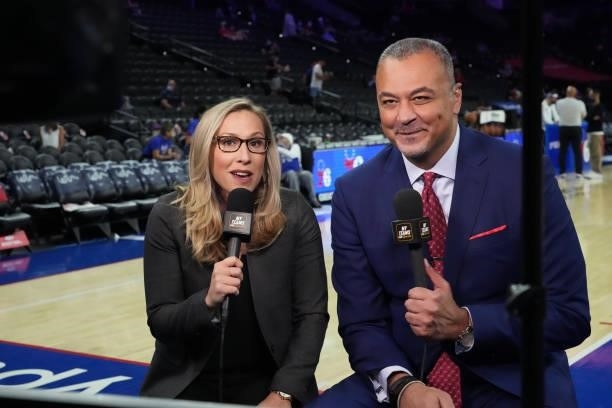 Philadelphia 76ers Sports Broadcasters, Kate Scott, and Alaa Abdelnaby seen before a preseason game on October 7, 2021 at Wells Fargo Center in...