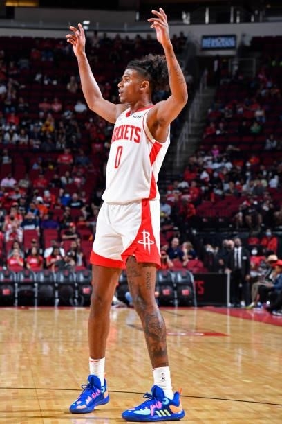 Jalen Green of the Houston Rockets looks on during a preseason game against the Miami Heat on October 7, 2021 at the Toyota Center in Houston, Texas....