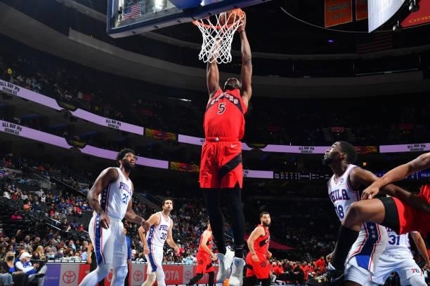 Precious Achiuwa of the Toronto Raptors dunks the ball against the Philadelphia 76ers during a preseason game on October 7, 2021 at Wells Fargo...