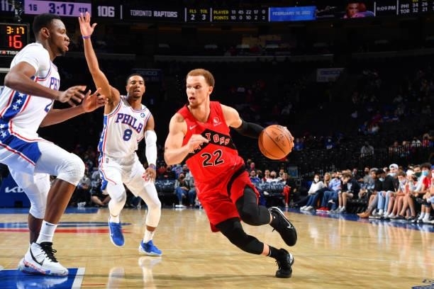 Malachi Flynn of the Toronto Raptors handles the ball against the Philadelphia 76ers during a preseason game on October 7, 2021 at Wells Fargo Center...