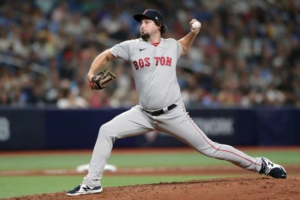 Josh Taylor of the Boston Red Sox pitches in the bottom of the seventh inning during Game 1 of the ALDS between the Boston Red Sox and the Tampa Bay...