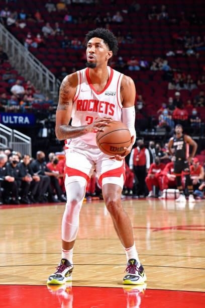Christian Wood of the Houston Rockets looks on during a preseason game against the Miami Heat on October 7, 2021 at the Toyota Center in Houston,...