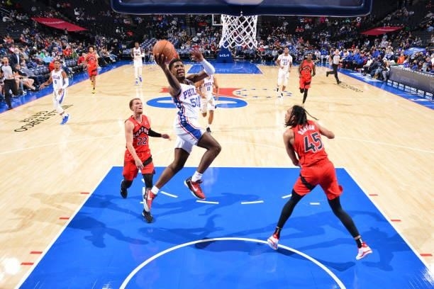 Aaron Henry of the Philadelphia 76ers shoots the ball against the Toronto Raptors during a preseason game on October 7, 2021 at Wells Fargo Center in...