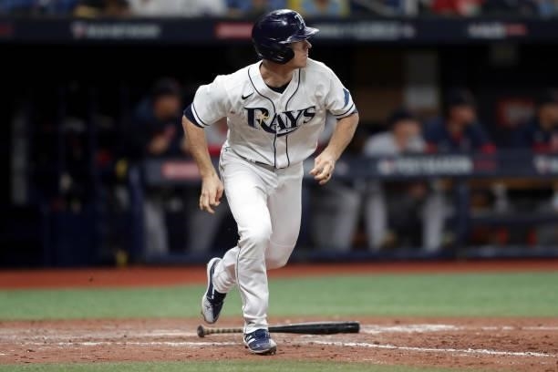 Joey Wendle of the Tampa Bay Rays reacts after lining out in the bottom of the eighth inning during Game 1 of the ALDS between the Boston Red Sox and...