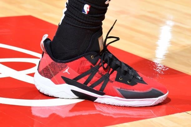 The sneakers of Bam Adebayo of the Miami Heat during a preseason game against the Houston Rockets on October 7, 2021 at the Toyota Center in Houston,...