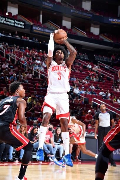 Kevin Porter Jr. #3 of the Houston Rockets shoots the ball during a preseason game against the Miami Heat on October 7, 2021 at the Toyota Center in...