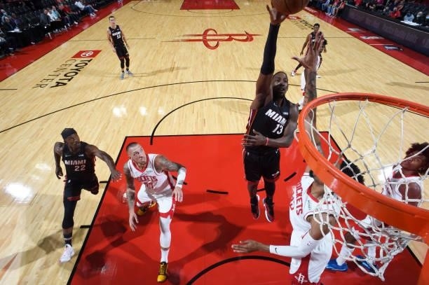 Bam Adebayo of the Miami Heat shoots the ball during a preseason game against the Houston Rockets on October 7, 2021 at the Toyota Center in Houston,...