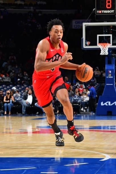 Scottie Barnes of the Toronto Raptors handles the ball against the Philadelphia 76ers during a preseason game on October 7, 2021 at Wells Fargo...