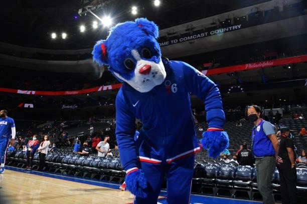 The Philadelphia 76ers mascot, Franklin the Dog, poses for a photo during a preseason game on October 7, 2021 at Wells Fargo Center in Philadelphia,...