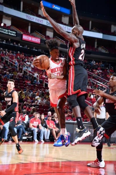 Jalen Green of the Houston Rockets looks to pass the ball during a preseason game against the Miami Heat on October 7, 2021 at the Toyota Center in...