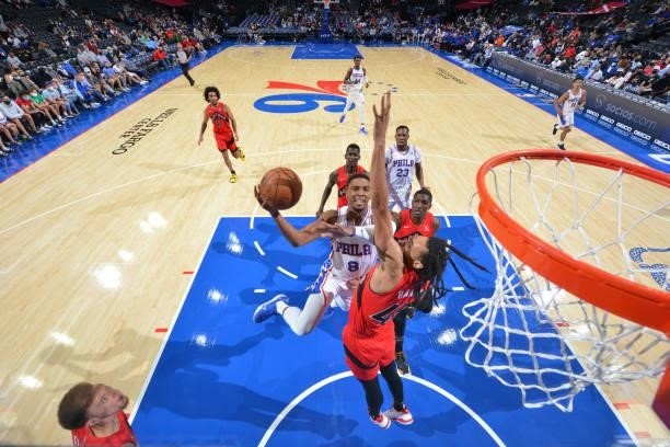 Shaquille Harrison of the Philadelphia 76ers shoots the ball against the Toronto Raptors during a preseason game on October 7, 2021 at Wells Fargo...