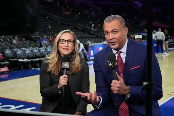Philadelphia 76ers Sports Broadcasters, Kate Scott, and Alaa Abdelnaby seen before a preseason game on October 7, 2021 at Wells Fargo Center in...