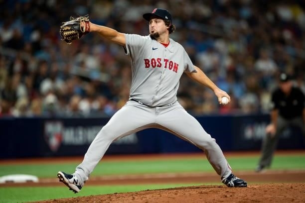 Josh Taylor of the Boston Red Sox delivers during the eighth inning of game one of the 2021 American League Division Series against the Tampa Bay...