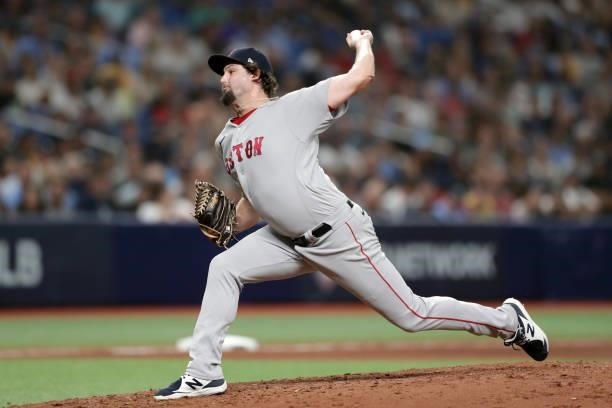 Josh Taylor of the Boston Red Sox pitches in the bottom of the seventh inning during Game 1 of the ALDS between the Boston Red Sox and the Tampa Bay...