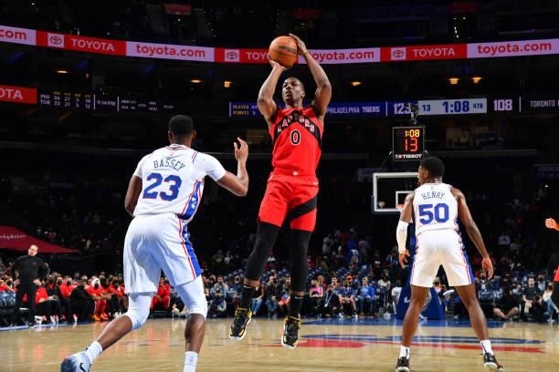 Reggie Perry of the Toronto Raptors shoots the ball against the Philadelphia 76ers during a preseason game on October 7, 2021 at Wells Fargo Center...