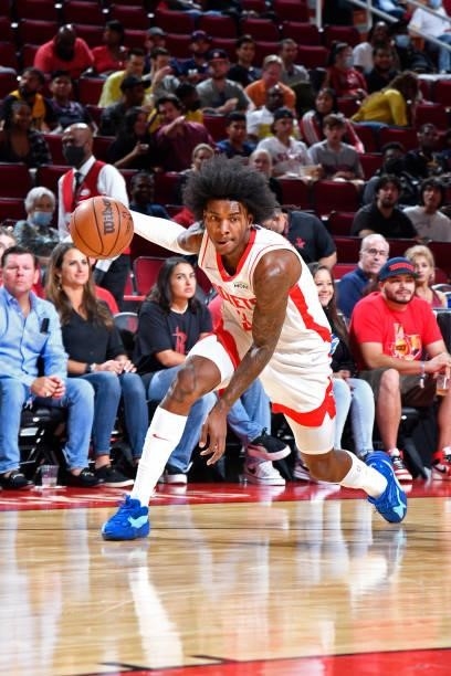 Kevin Porter Jr. #3 of the Houston Rockets drives to the basket during a preseason game against the Miami Heat on October 7, 2021 at the Toyota...
