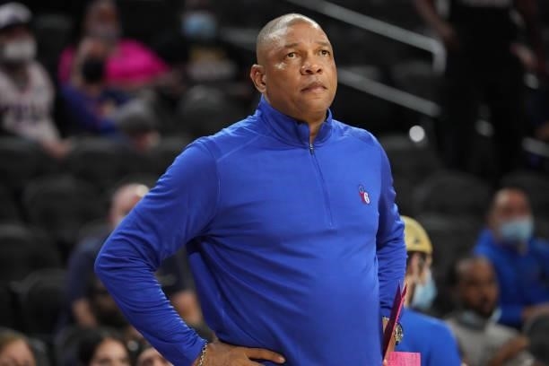 Head Coach Doc Rivers of the Philadelphia 76ers looks on during a preseason game on October 7, 2021 at Wells Fargo Center in Philadelphia,...