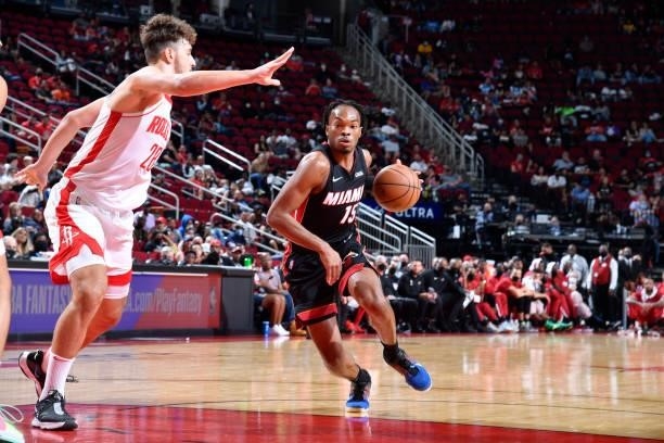 Javonte Smart of the Miami Heat drives to the basket during a preseason game against the Houston Rockets on October 7, 2021 at the Toyota Center in...