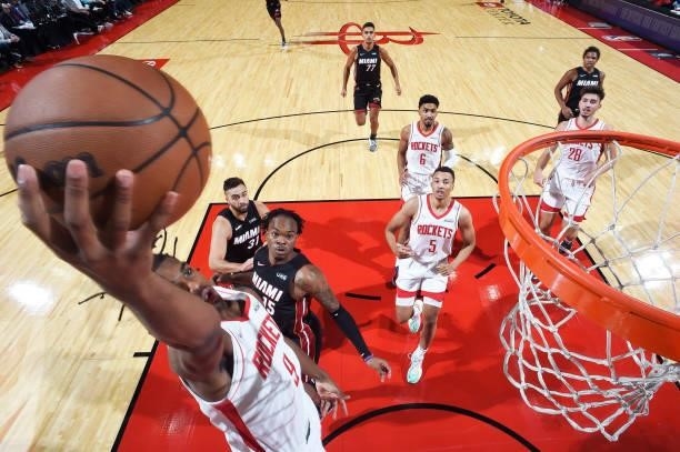 Avery Bradley of the Houston Rockets shoots the ball during a preseason game against the Miami Heat on October 7, 2021 at the Toyota Center in...
