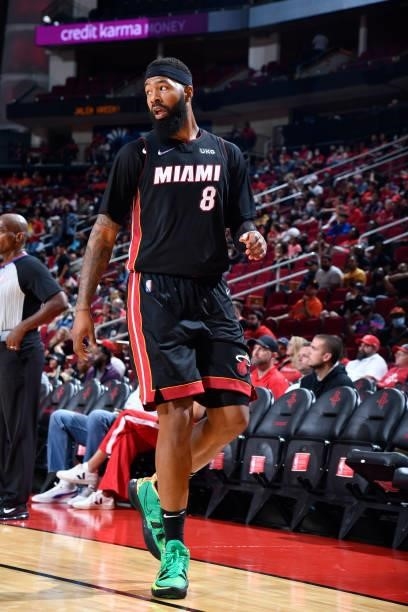 Markieff Morris of the Miami Heat looks on during a preseason game against the Houston Rockets on October 7, 2021 at the Toyota Center in Houston,...