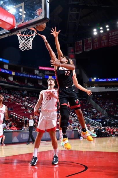 Dru Smith of the Miami Heat shoots the ball during a preseason game against the Houston Rockets on October 7, 2021 at the Toyota Center in Houston,...