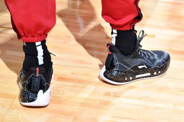 The sneakers of Max Strus of the Miami Heat during a preseason game against the Houston Rockets on October 7, 2021 at the Toyota Center in Houston,...