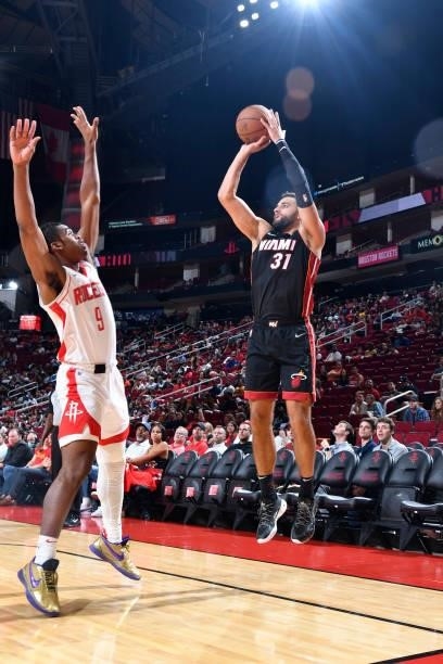 Max Strus of the Miami Heat shoots the ball during a preseason game against the Houston Rockets on October 7, 2021 at the Toyota Center in Houston,...